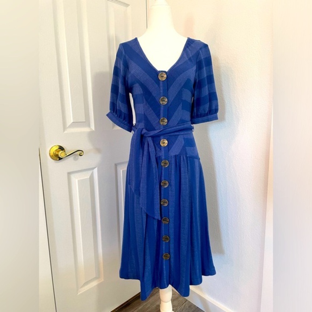 Maeve Blue Button Up drop waist Dress from Anthropologie NWOT